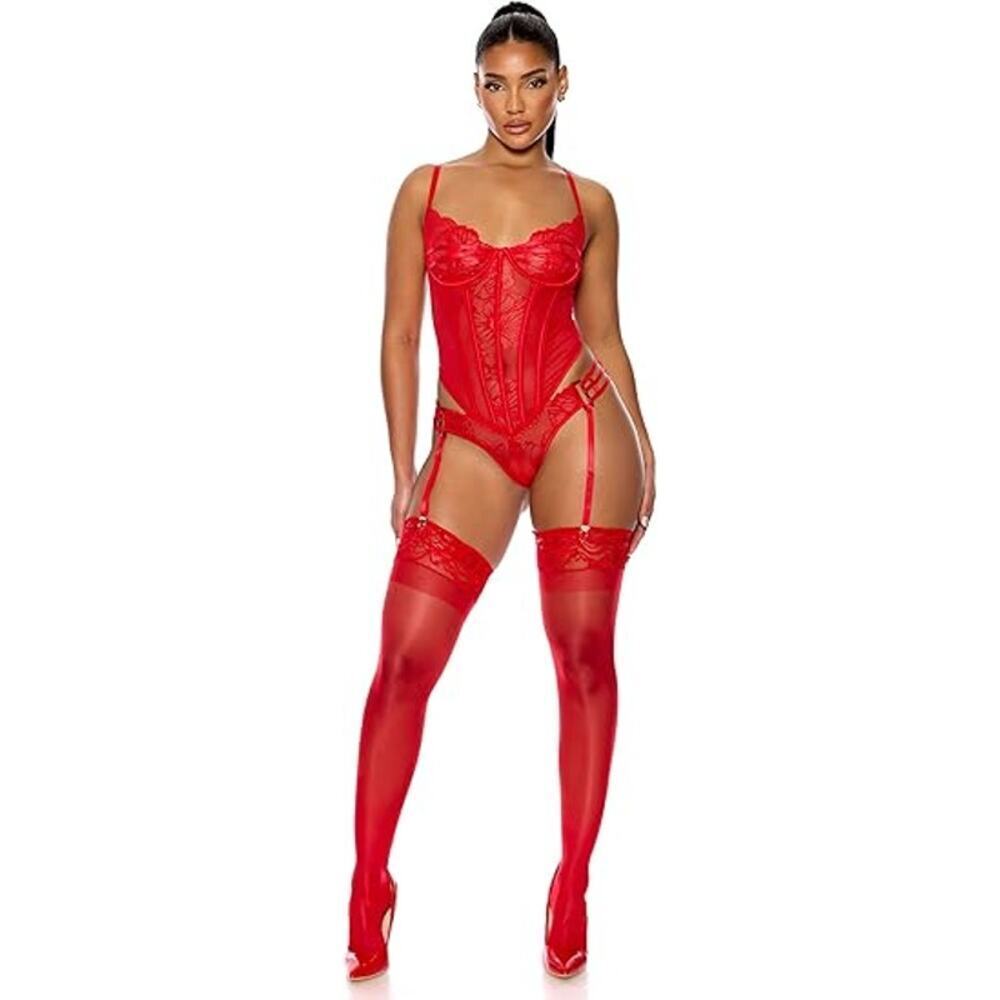 NWT Foreplay Women's Red Thirst Strap Strappy Lace Teddy Bodysuit Size Medium - Picture 2 of 8